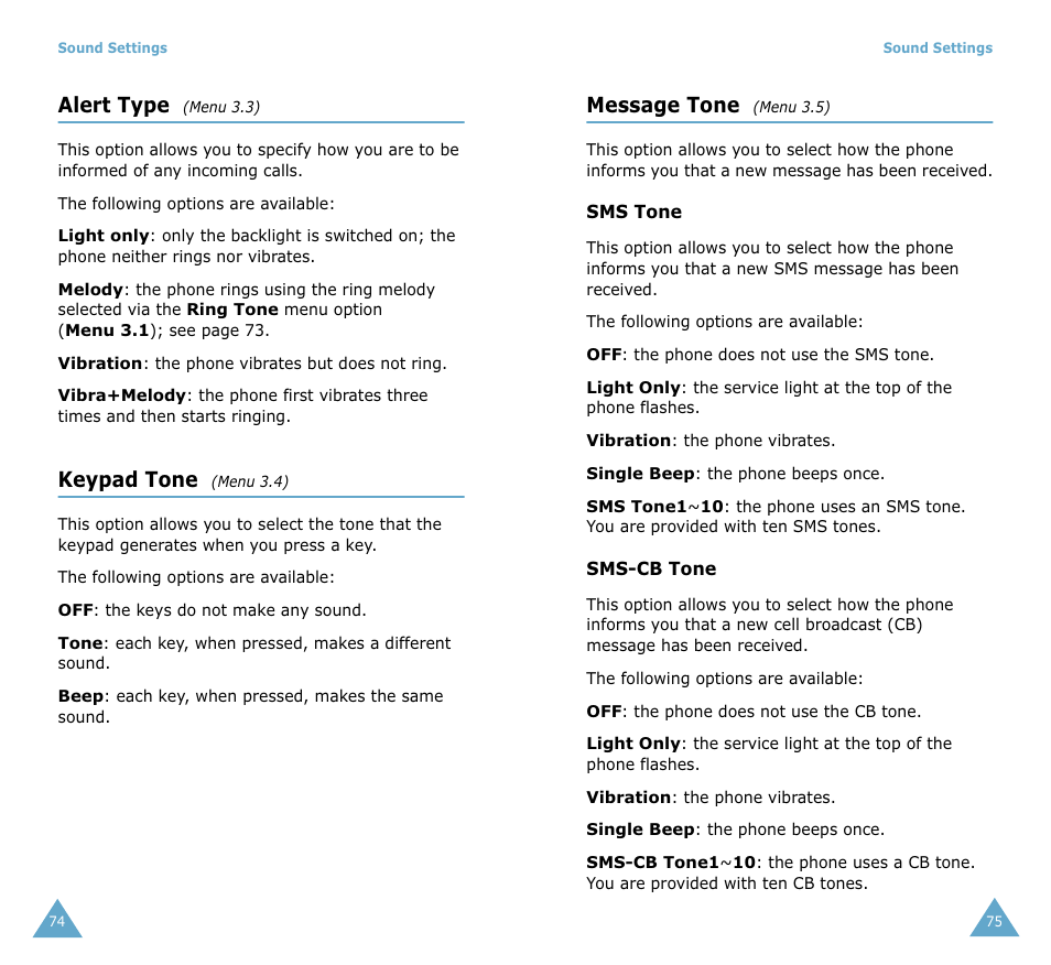 Alert type, Keypad tone, Message tone | Samsung SGH-S105 User Manual | Page 40 / 73