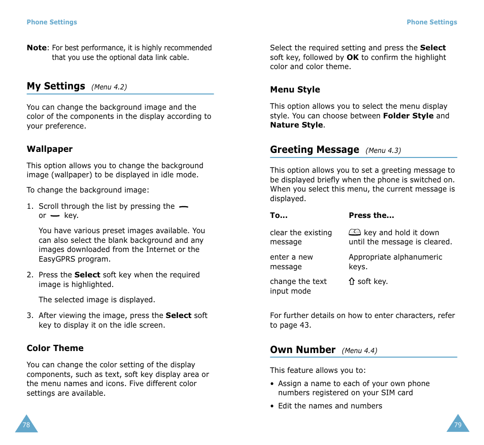 My settings, Greeting message, Own number | Samsung SGH-S105 User Manual | Page 42 / 73