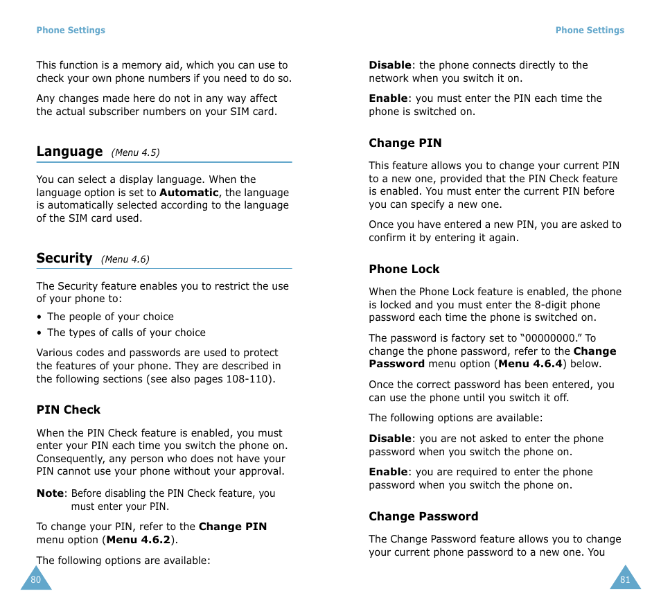 Language, Security | Samsung SGH-S105 User Manual | Page 43 / 73