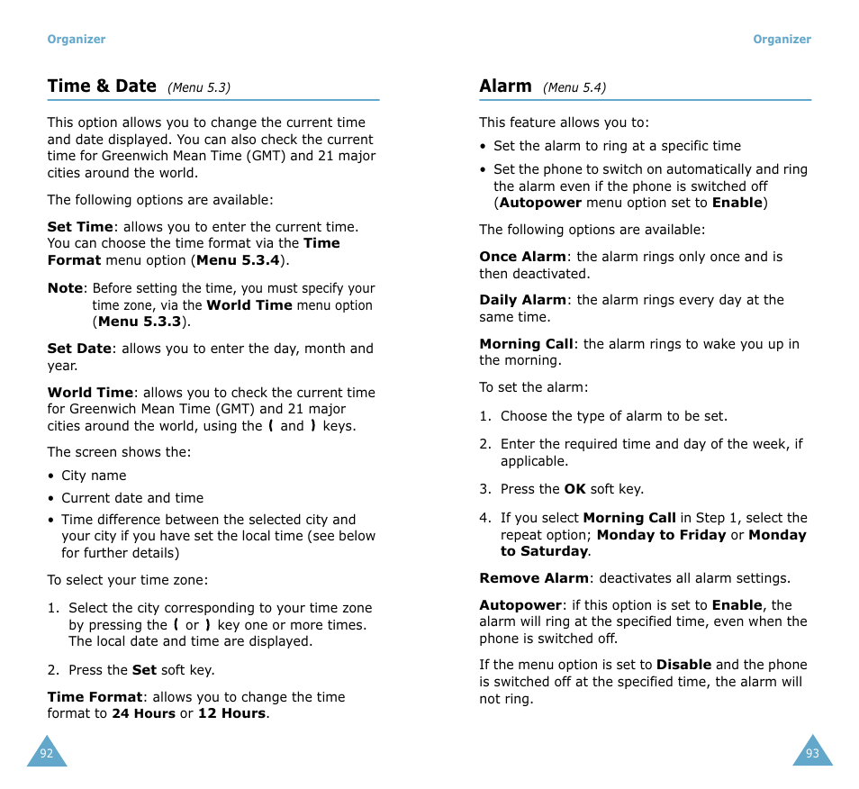 Time & date, Alarm | Samsung SGH-S105 User Manual | Page 49 / 73