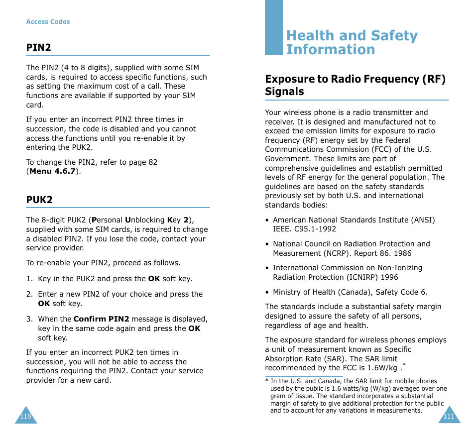 Health and safety information, Exposure to radio frequency (rf) signals, Pin2 | Puk2 | Samsung SGH-S105 User Manual | Page 58 / 73