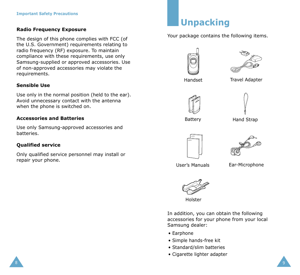 Unpacking | Samsung SGH-S105 User Manual | Page 6 / 73
