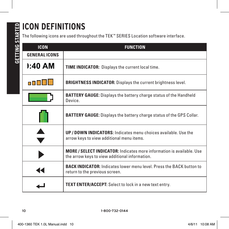 Icon definitions, 40 am, Cv t | SportDOG TEK GPS Tracking 1 User Manual | Page 10 / 48