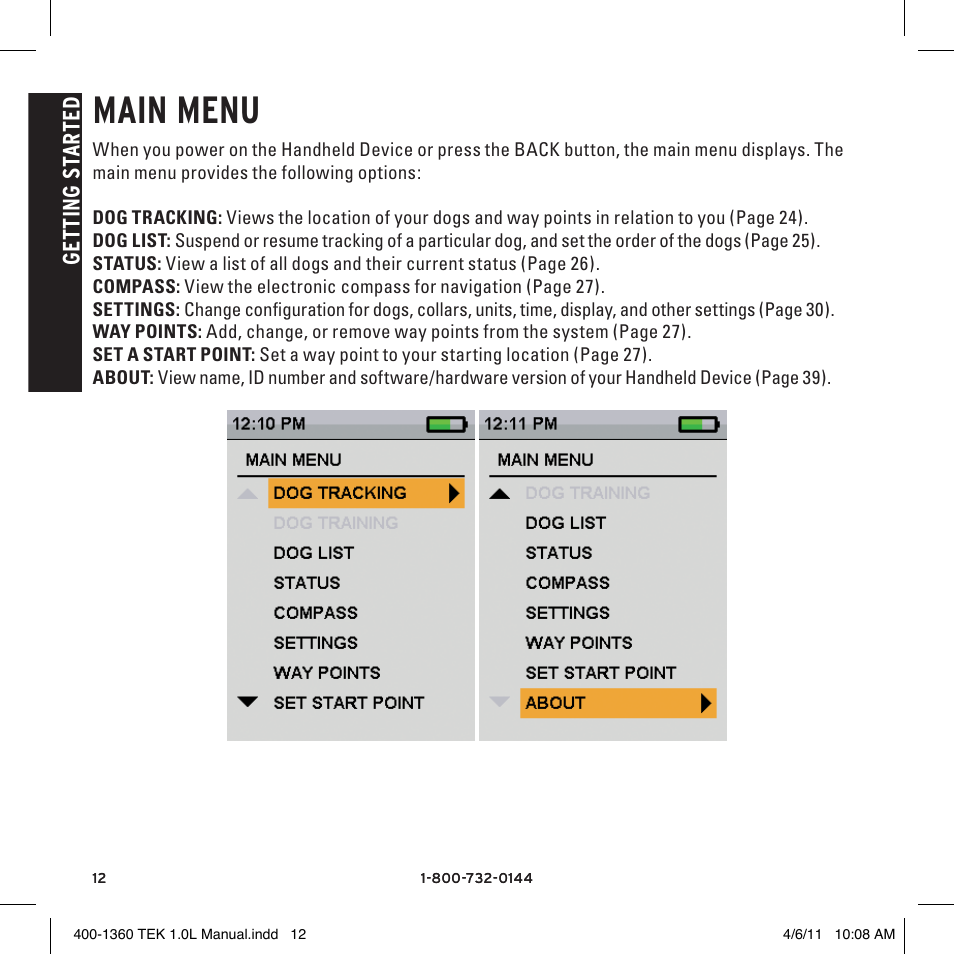 Main menu, Ge tt in g s ta rt ed | SportDOG TEK GPS Tracking 1 User Manual | Page 12 / 48