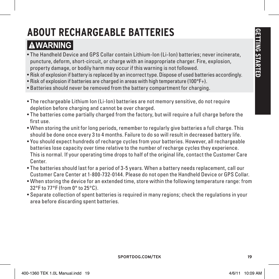 About rechargeable batteries, Ge tt in g s ta rt ed | SportDOG TEK GPS Tracking 1 User Manual | Page 19 / 48