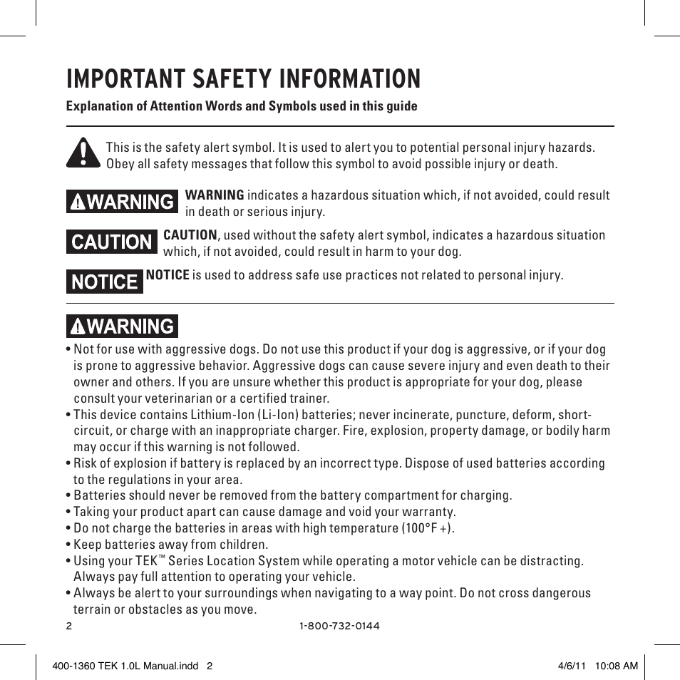 Important safety information | SportDOG TEK GPS Tracking 1 User Manual | Page 2 / 48