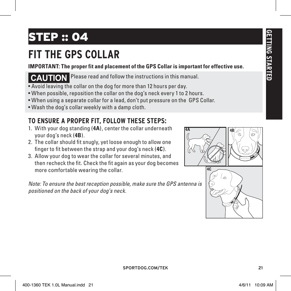 Step :: 04 fit the gps collar, Ge tt in g s ta rt ed | SportDOG TEK GPS Tracking 1 User Manual | Page 21 / 48