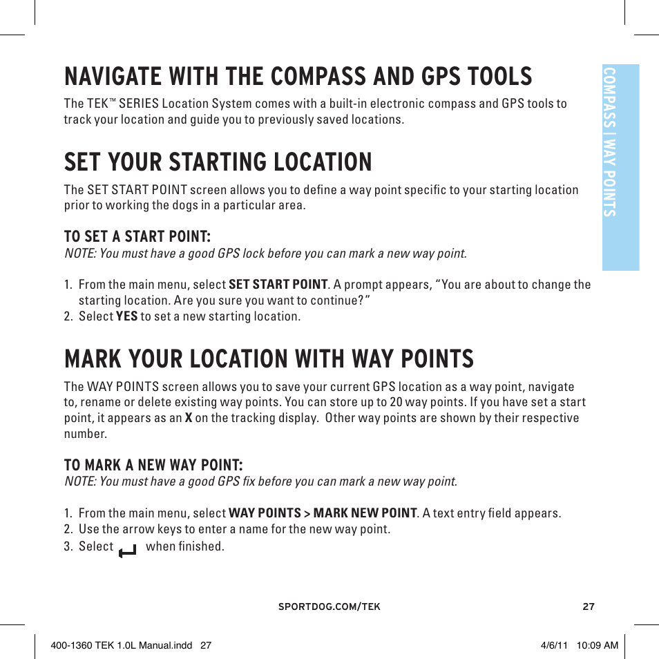 Navigate with the compass and gps tools, Set your starting location, Mark your location with way points | 40 am, Cv t, P1 p2 | SportDOG TEK GPS Tracking 1 User Manual | Page 27 / 48