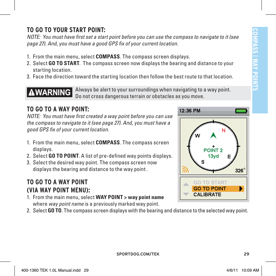 Co m pa ss, Way p o in ts to go to your start point | SportDOG TEK GPS Tracking 1 User Manual | Page 29 / 48