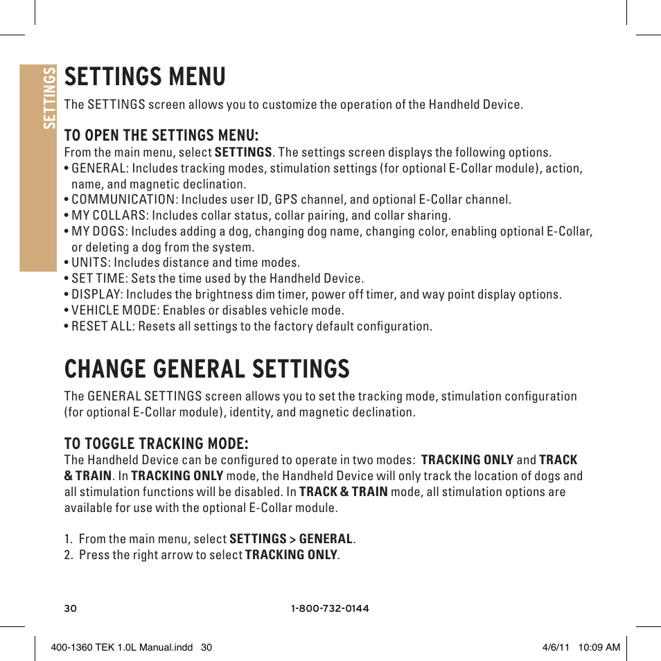 Settings menu, Change general settings, Se tt in gs | SportDOG TEK GPS Tracking 1 User Manual | Page 30 / 48