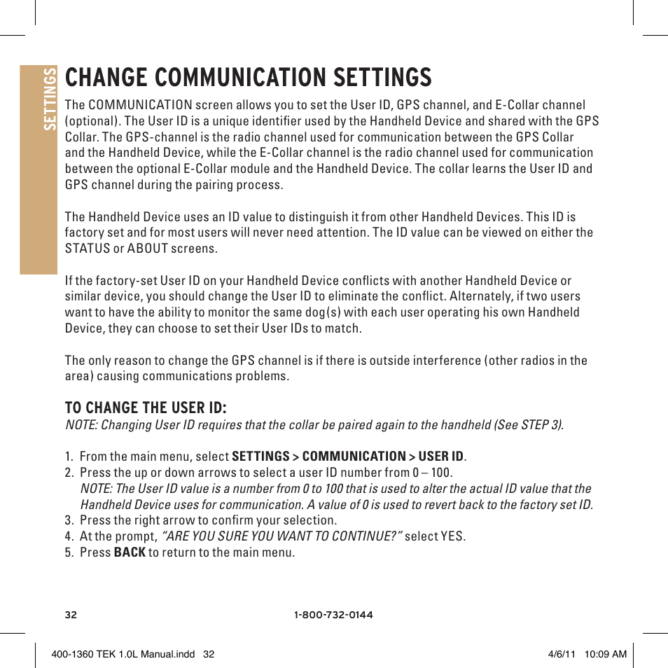 Change communication settings, Se tt in gs | SportDOG TEK GPS Tracking 1 User Manual | Page 32 / 48