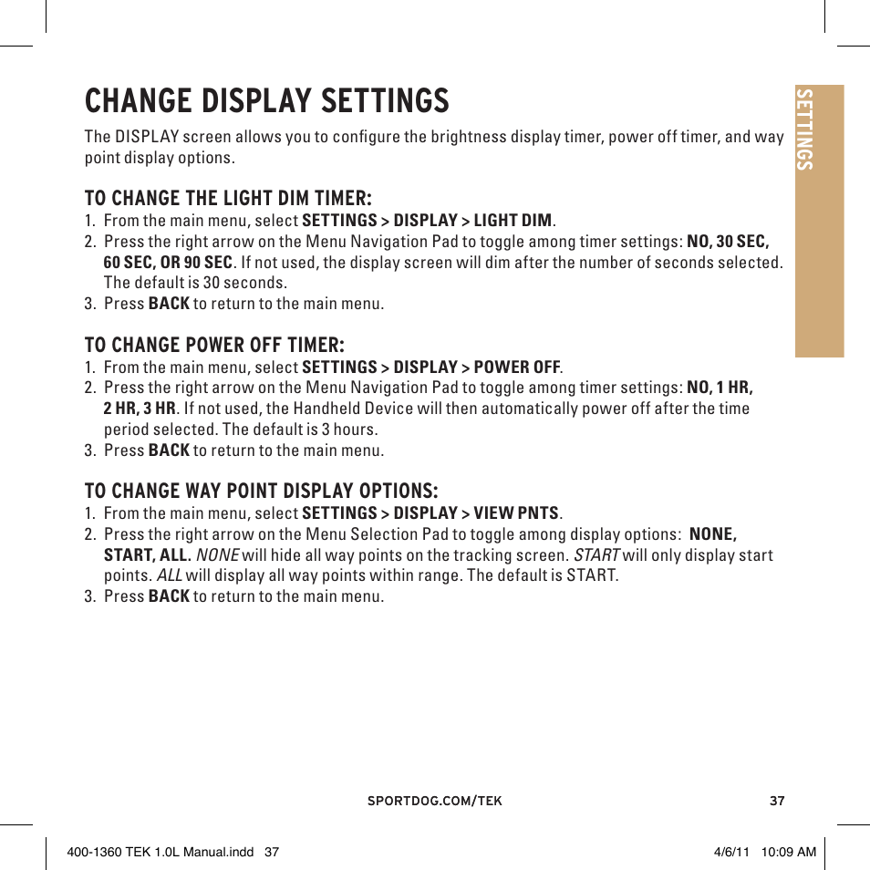 Change display settings, Se tt in gs | SportDOG TEK GPS Tracking 1 User Manual | Page 37 / 48