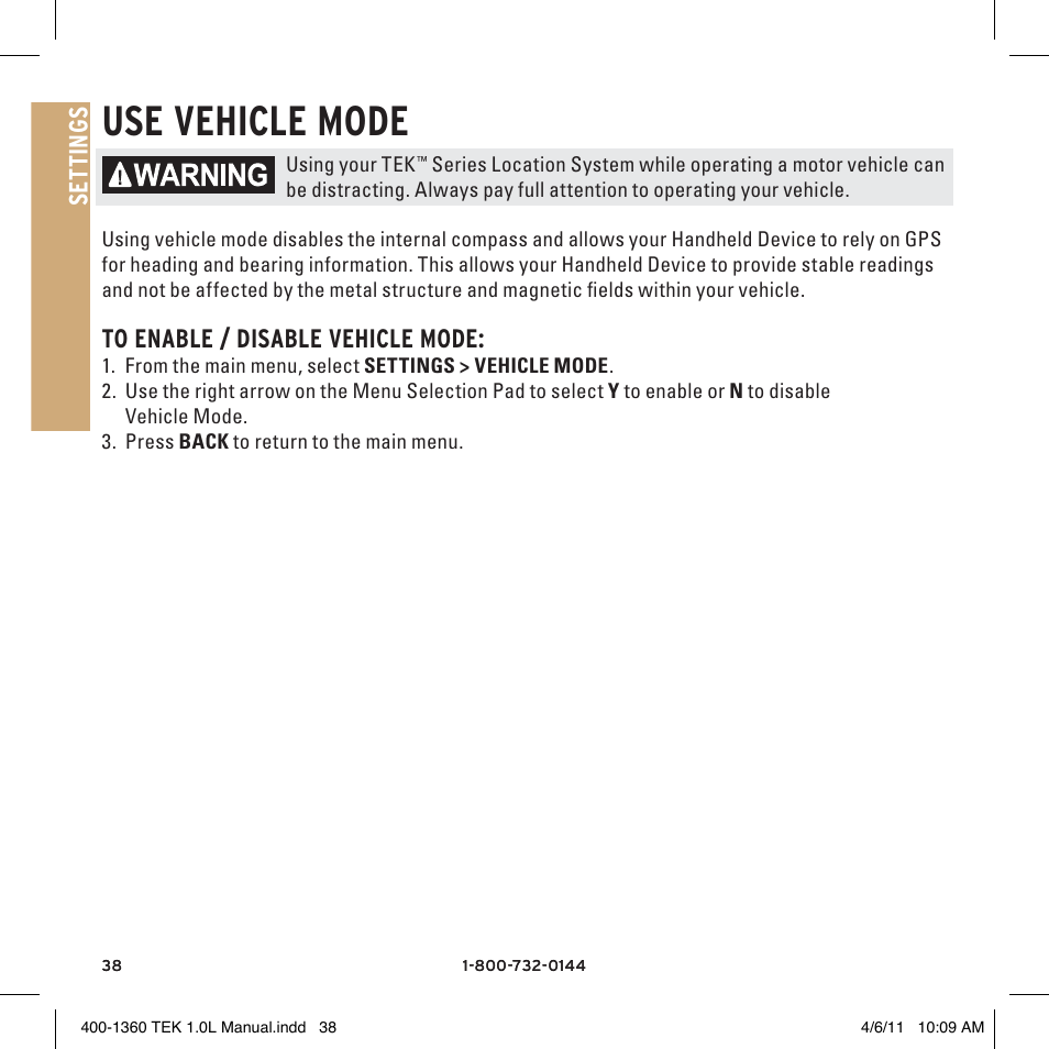 Use vehicle mode, Se tt in gs | SportDOG TEK GPS Tracking 1 User Manual | Page 38 / 48