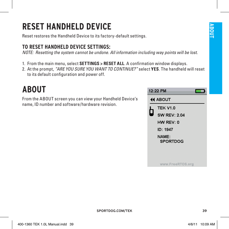 Reset handheld device, About | SportDOG TEK GPS Tracking 1 User Manual | Page 39 / 48