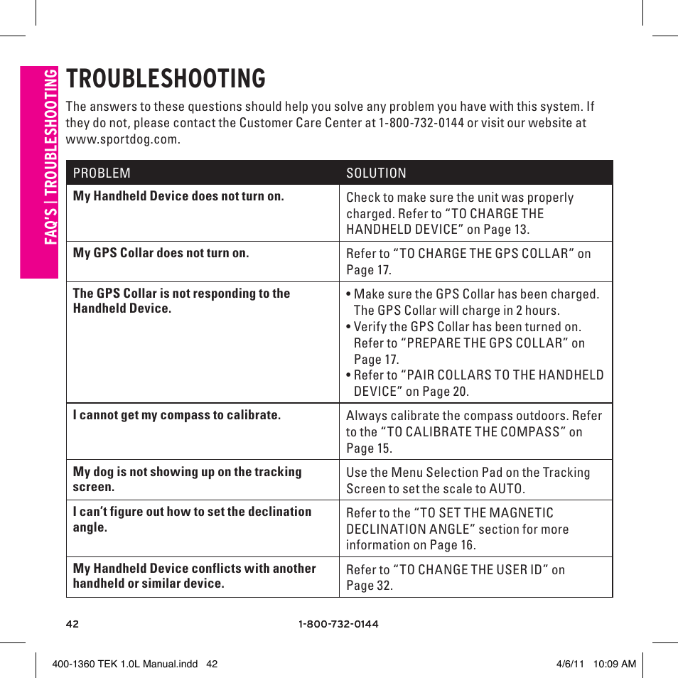 Troubleshooting, Fa q’ s, Tro u bl es h o ot in g | SportDOG TEK GPS Tracking 1 User Manual | Page 42 / 48