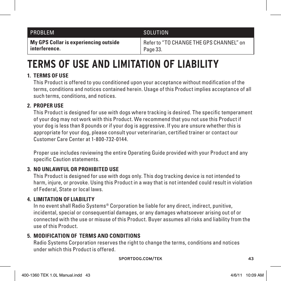 Terms of use and limitation of liability | SportDOG TEK GPS Tracking 1 User Manual | Page 43 / 48