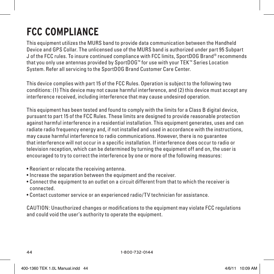 Fcc compliance | SportDOG TEK GPS Tracking 1 User Manual | Page 44 / 48