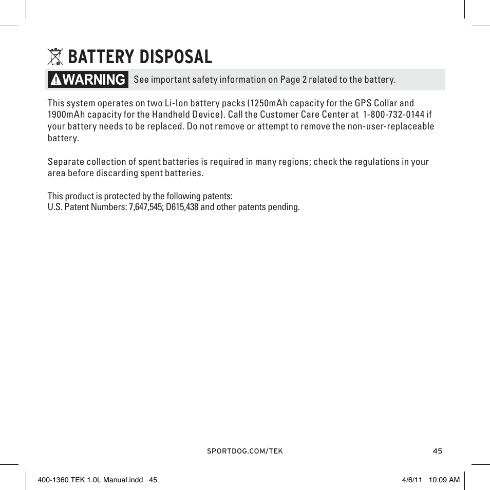 Battery disposal | SportDOG TEK GPS Tracking 1 User Manual | Page 45 / 48