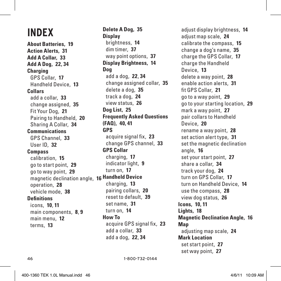 Index | SportDOG TEK GPS Tracking 1 User Manual | Page 46 / 48