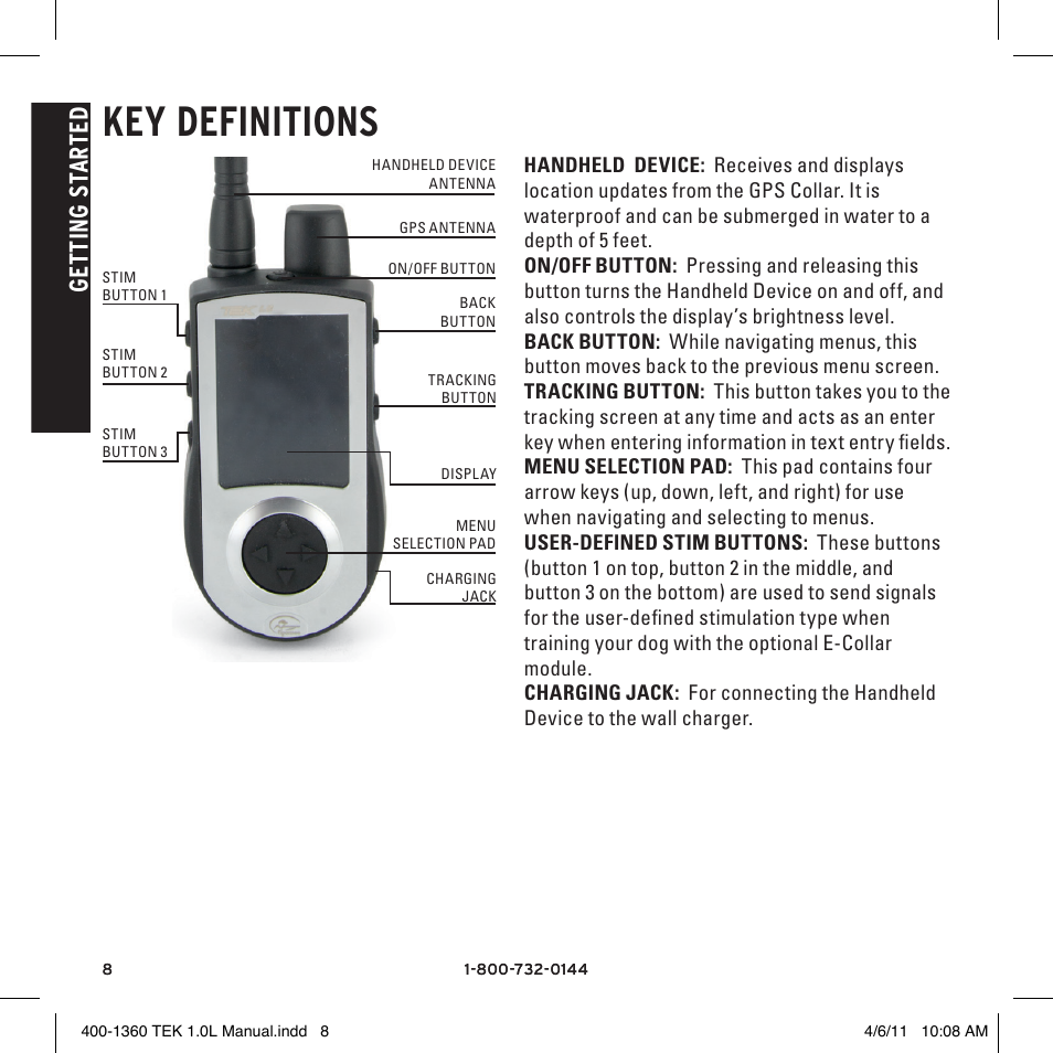 Key definitions, Ge tt in g s ta rt ed | SportDOG TEK GPS Tracking 1 User Manual | Page 8 / 48