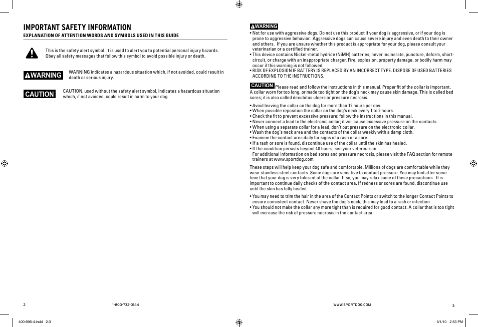 Important safety information, Warning, Caution | SportDOG Field Trainer 400 & 400S User Manual | Page 2 / 11