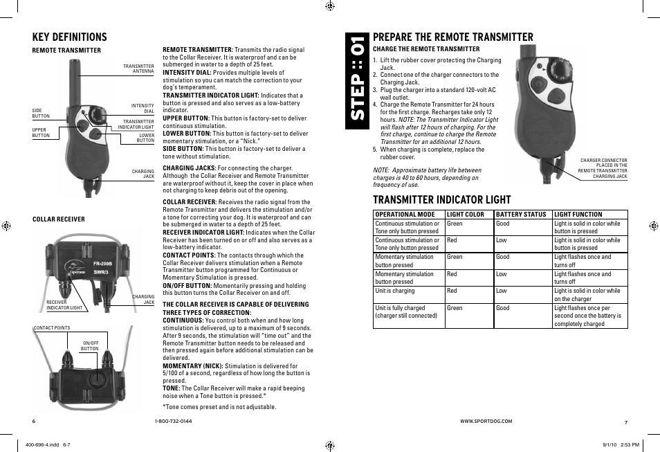 Ste p :: 01, Key definitions, Prepare the remote transmitter | Transmitter indicator light | SportDOG Field Trainer 400 & 400S User Manual | Page 4 / 11