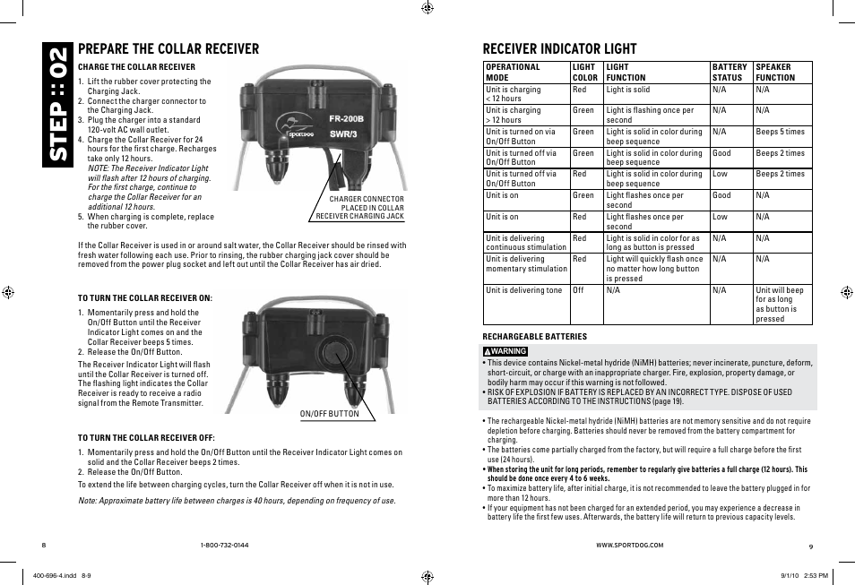 Ste p :: 02, Prepare the collar receiver, Receiver indicator light | SportDOG Field Trainer 400 & 400S User Manual | Page 5 / 11