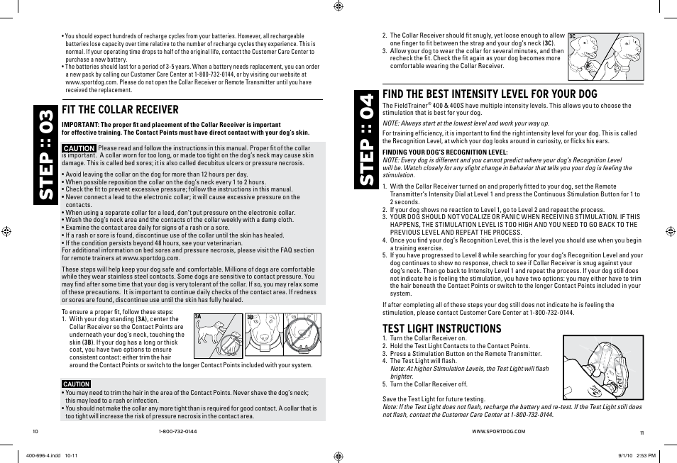 Ste p :: 03 s te p :: 04, Fit the collar receiver, Find the best intensity level for your dog | Test light instructions | SportDOG Field Trainer 400 & 400S User Manual | Page 6 / 11