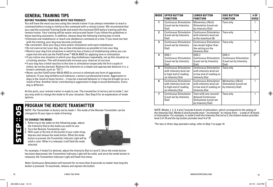 Ste p :: 05, General training tips, Program the remote transmitter | SportDOG Field Trainer 400 & 400S User Manual | Page 7 / 11