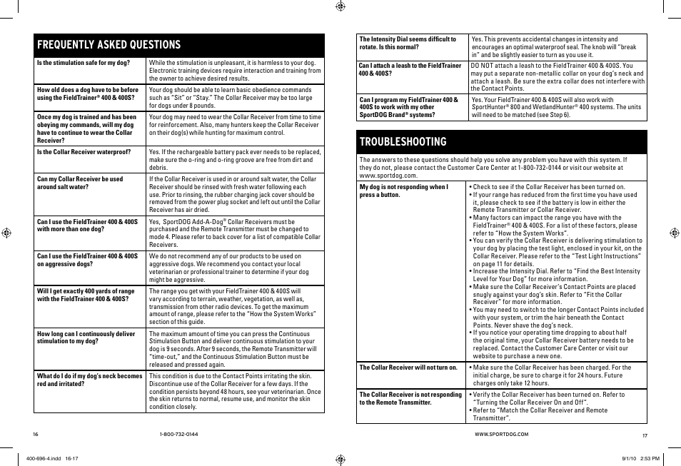 Frequently asked questions, Troubleshooting | SportDOG Field Trainer 400 & 400S User Manual | Page 9 / 11