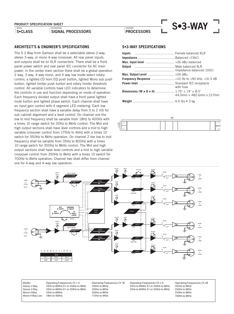 S•3-way, 3 way stereo / 4 way mono xover, Architect’s & engineer’s specifications | S•class, Signal processors, Processors s•3-way specifications | Samson Signal Processors S3-Way User Manual | Page 2 / 2