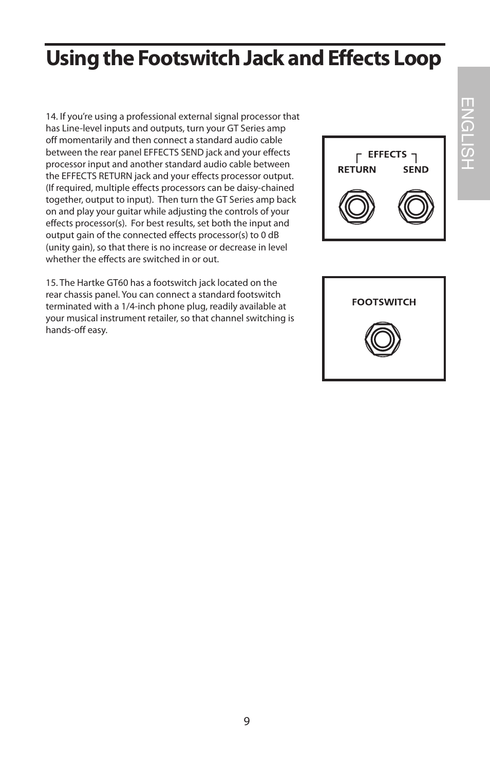 Using the footswitch jack and effects loop, English | Samson GT408 User Manual | Page 13 / 52