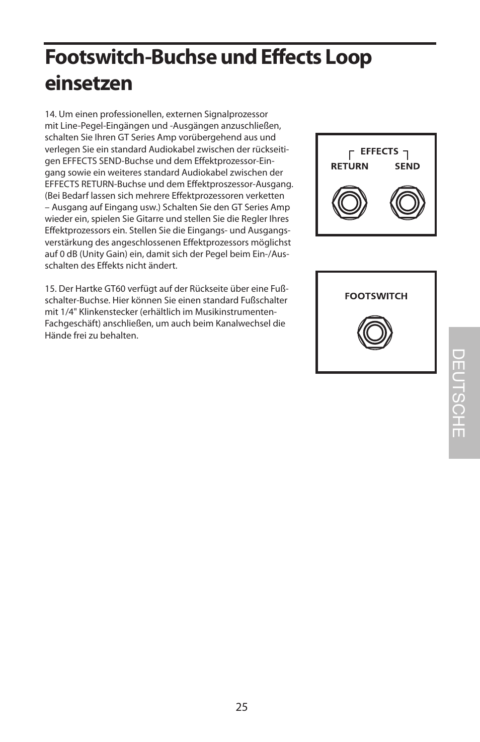 Footswitch-buchse und effects loop einsetzen, Deutsche | Samson GT408 User Manual | Page 29 / 52