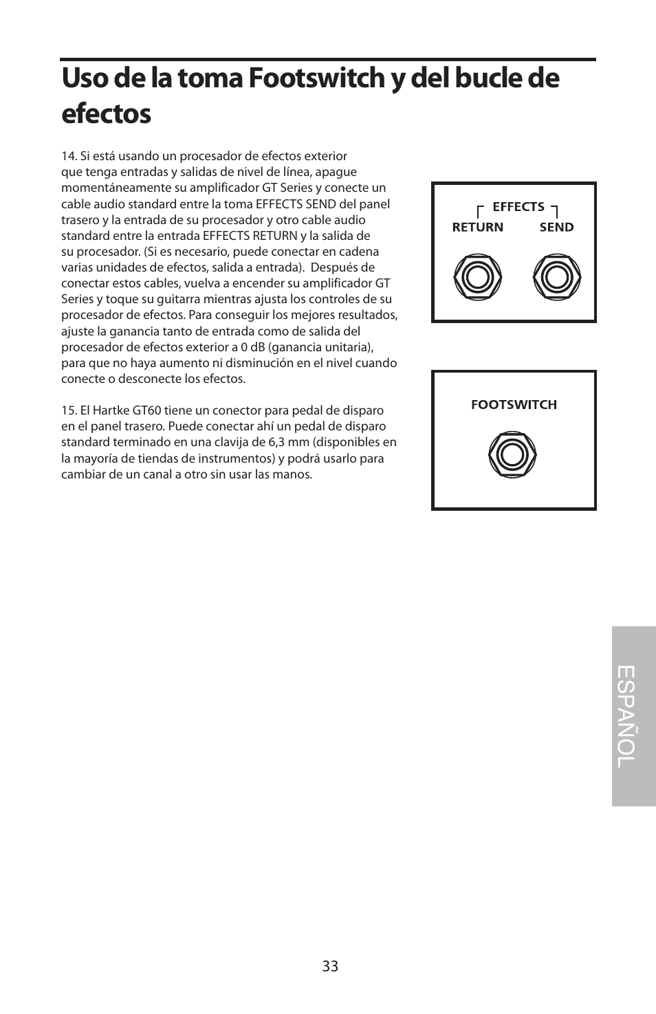 Uso de la toma footswitch y del bucle de efectos, Esp añol | Samson GT408 User Manual | Page 37 / 52