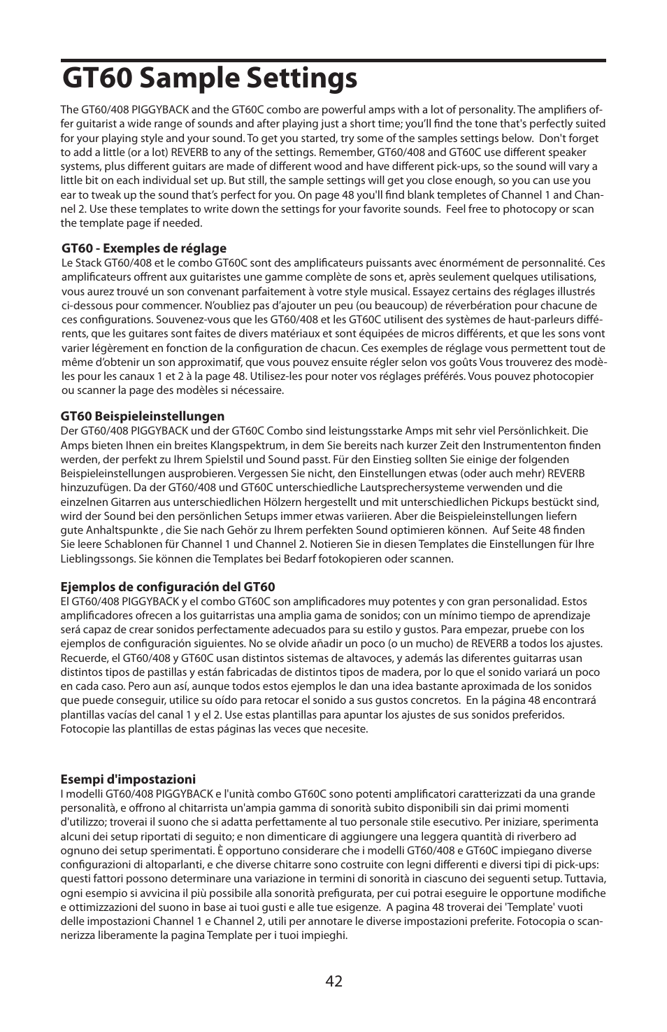 Gt60 sample settings, Gt60 - exemples de réglage, Gt60 beispieleinstellungen | Ejemplos de configuración del gt60, Esempi d'impostazioni | Samson GT408 User Manual | Page 46 / 52