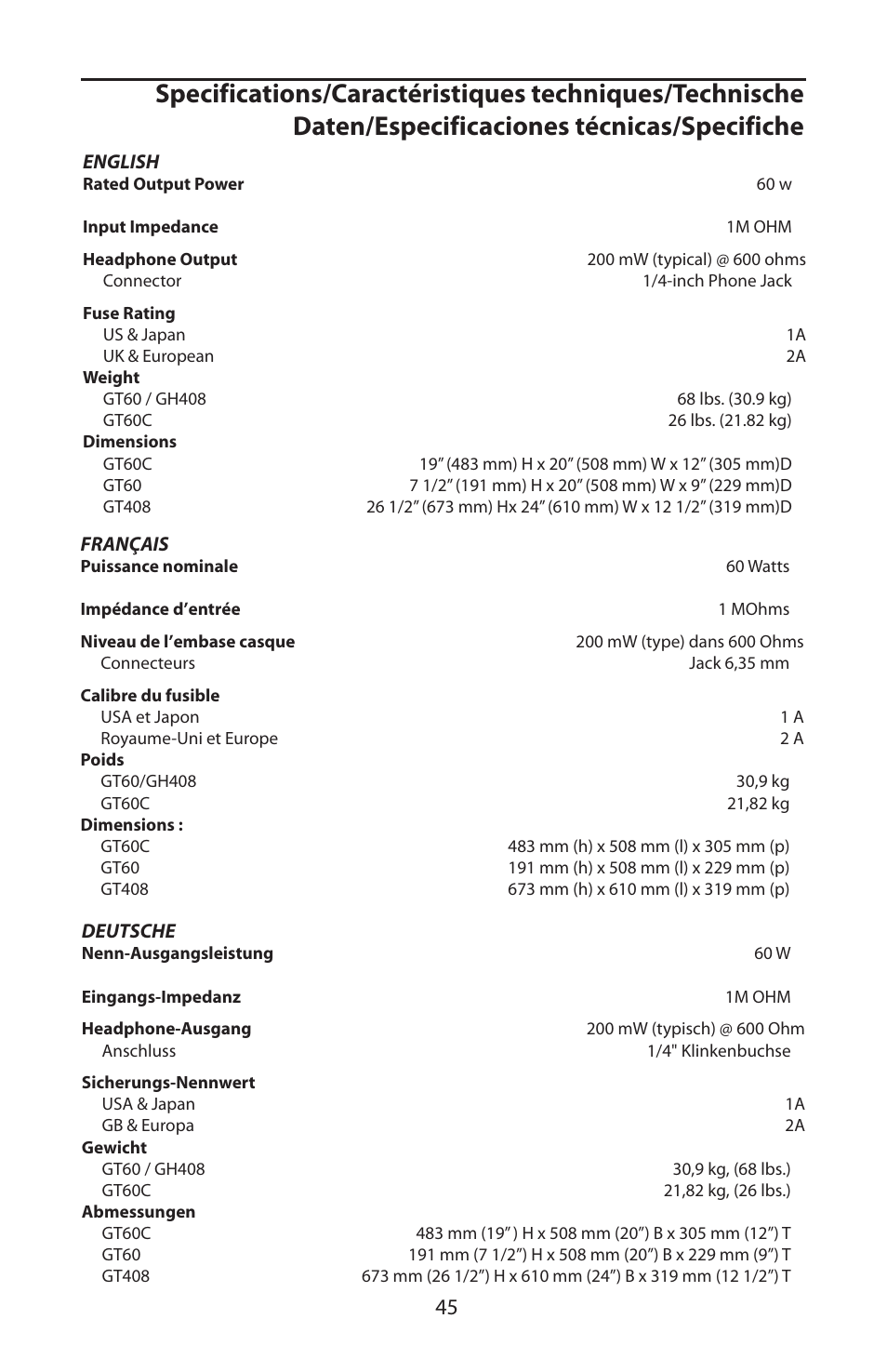 Specifications, Caractéristiques techniques, Technische daten | Especificaciones técnicas, Specifiche | Samson GT408 User Manual | Page 49 / 52