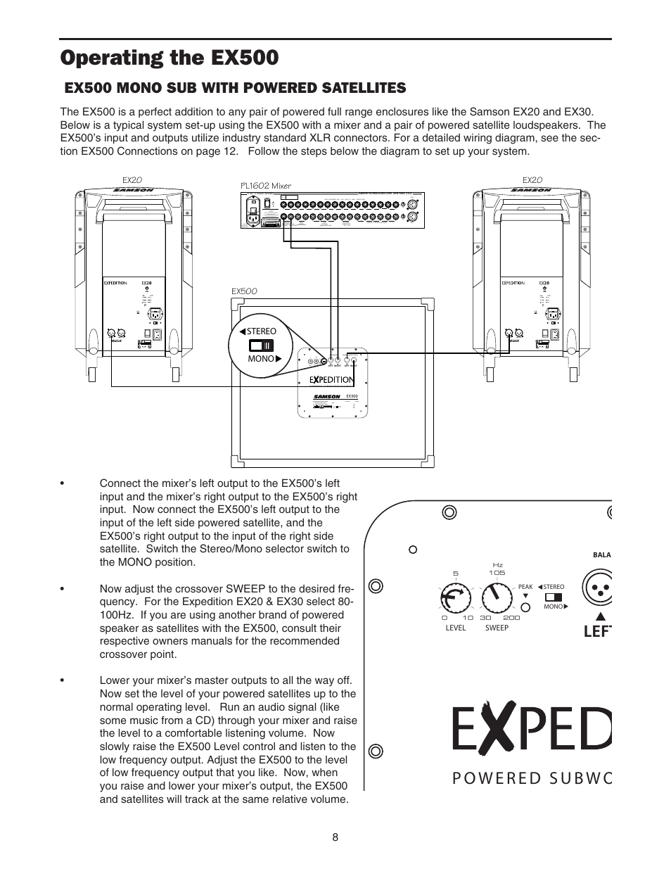 Ex500 mono sub with powered satellites, Operating the ex500, Left | Samson EX500 User Manual | Page 10 / 16