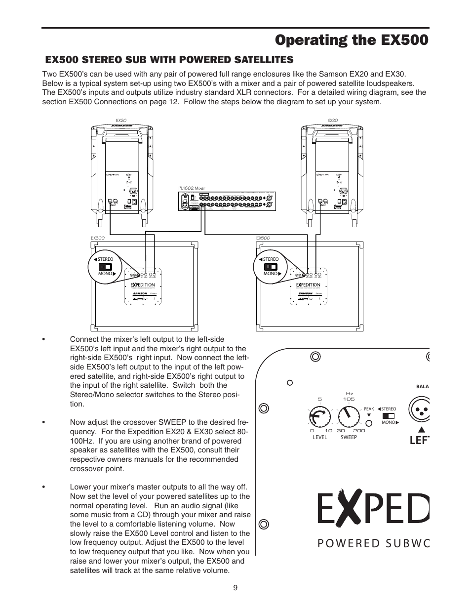 Ex500 stereo sub with powered satellites, Operating the ex500, Left | Samson EX500 User Manual | Page 11 / 16