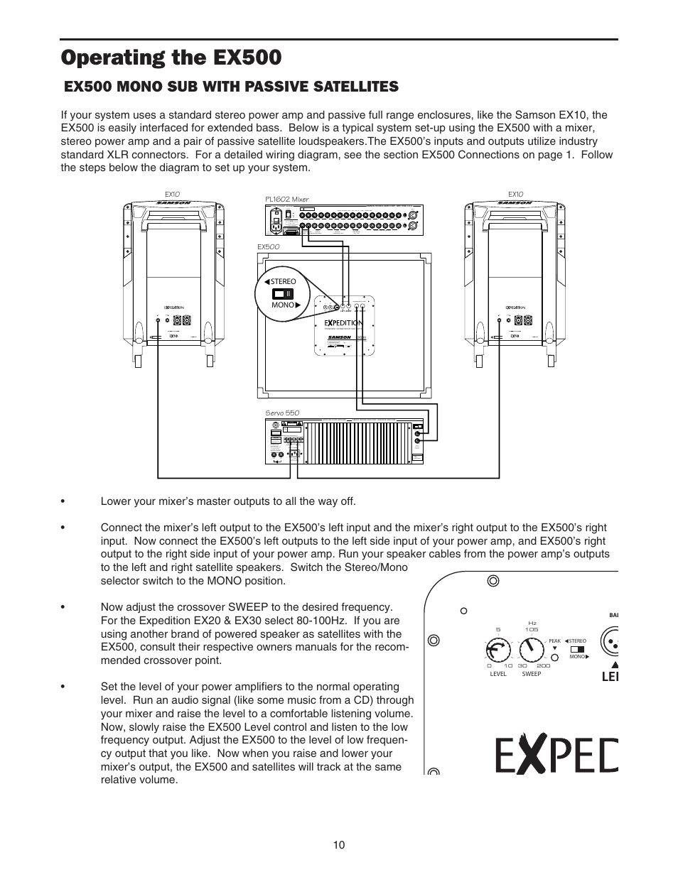 Ex500 mono sub with passive satellites, Operating the ex500 | Samson EX500 User Manual | Page 12 / 16