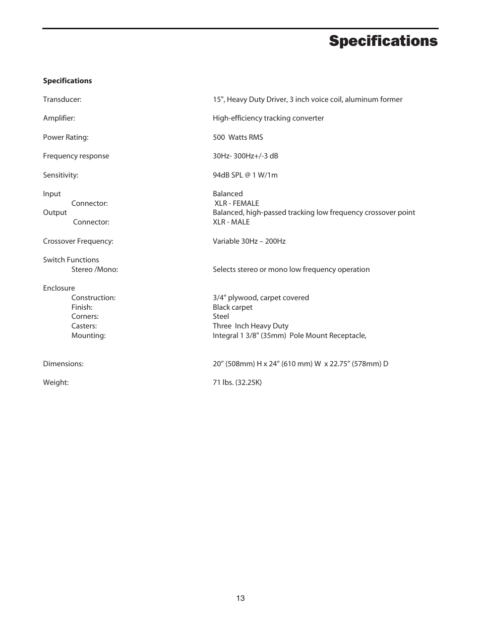 Specifications | Samson EX500 User Manual | Page 15 / 16