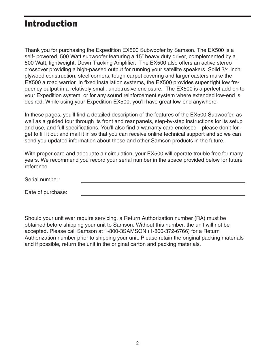 Introduction | Samson EX500 User Manual | Page 4 / 16
