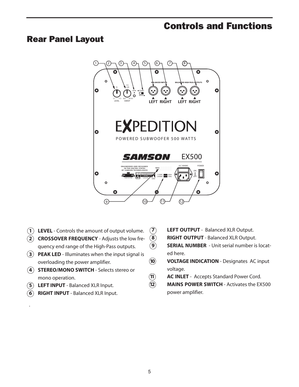 Rear panel layout, Controls and functions, Ex500 samson | Samson EX500 User Manual | Page 7 / 16