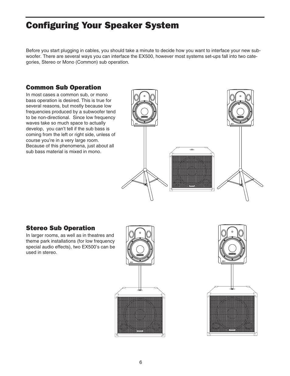 Configuring your speaker system, Stereo sub operation, Common sub operation | Samson EX500 User Manual | Page 8 / 16