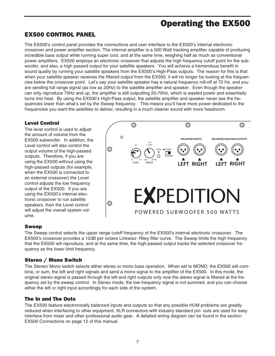 Operating the ex500, Ex500 control panel, The ex500 control panel | Level control, Sweep, Stereo / mono switch, The in and the outs, Right left right left | Samson EX500 User Manual | Page 9 / 16