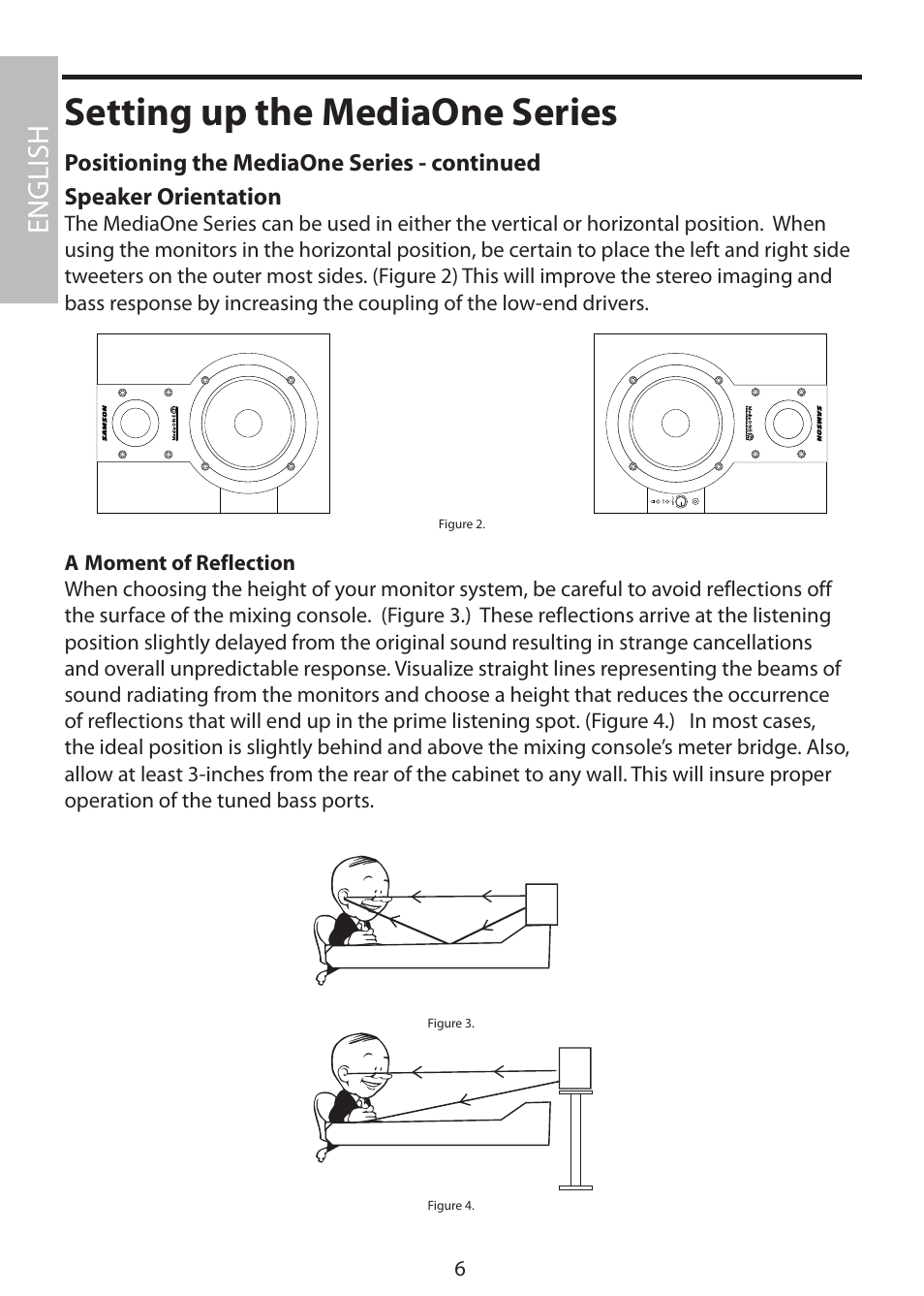 Setting up the mediaone series, English, Speaker orientation | Positioning the mediaone series - continued | Samson MediaOne 3a User Manual | Page 12 / 72