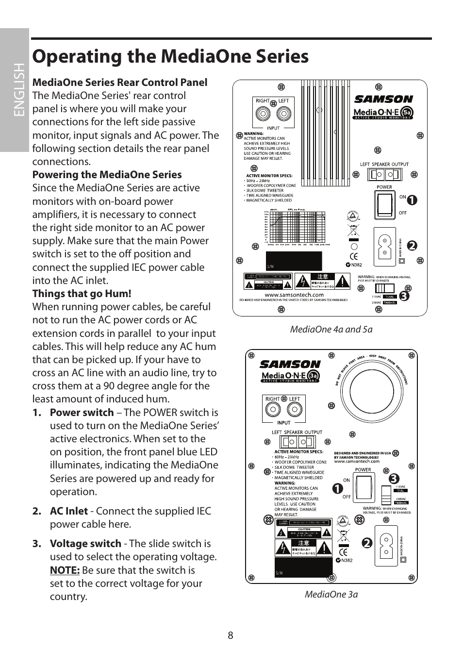 Operating the mediaone series, Mediaone series rear control panel, English | Samson MediaOne 3a User Manual | Page 14 / 72
