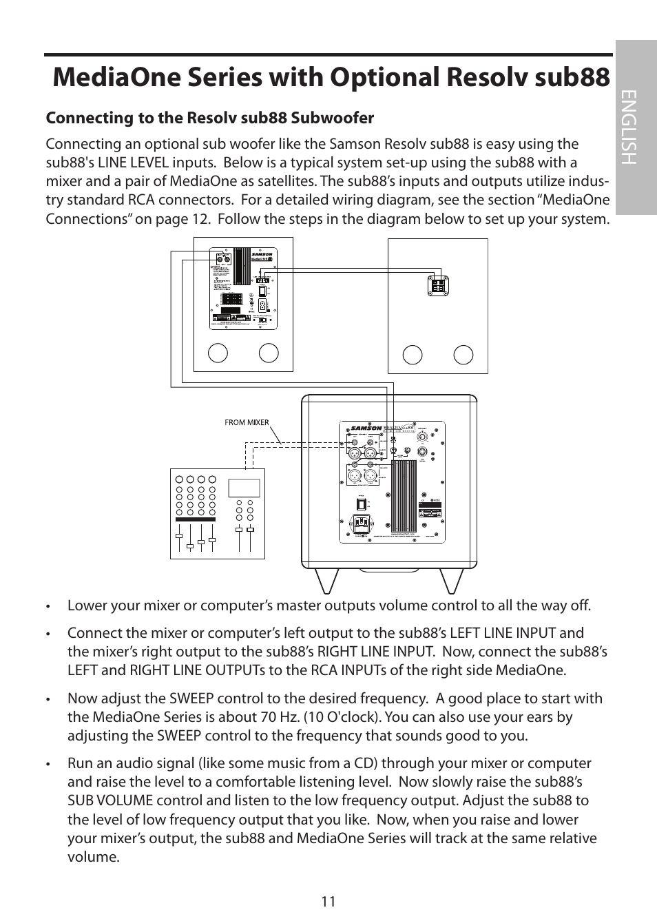 Connecting to the resolv sub88 subwoofer, Mediaone series with optional resolv sub88, English | Samson MediaOne 3a User Manual | Page 17 / 72