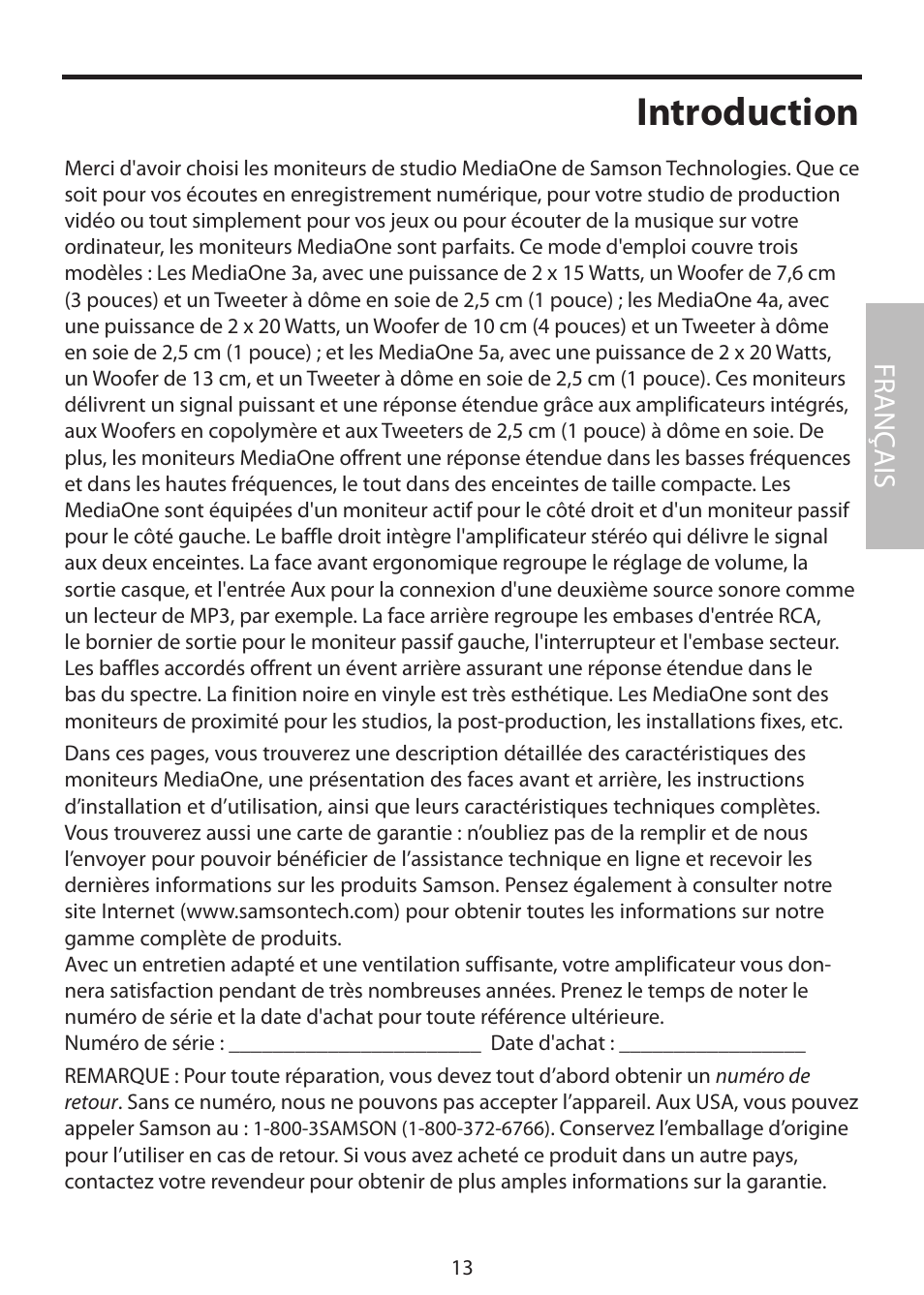 Introduction, Fr anç ais | Samson MediaOne 3a User Manual | Page 19 / 72