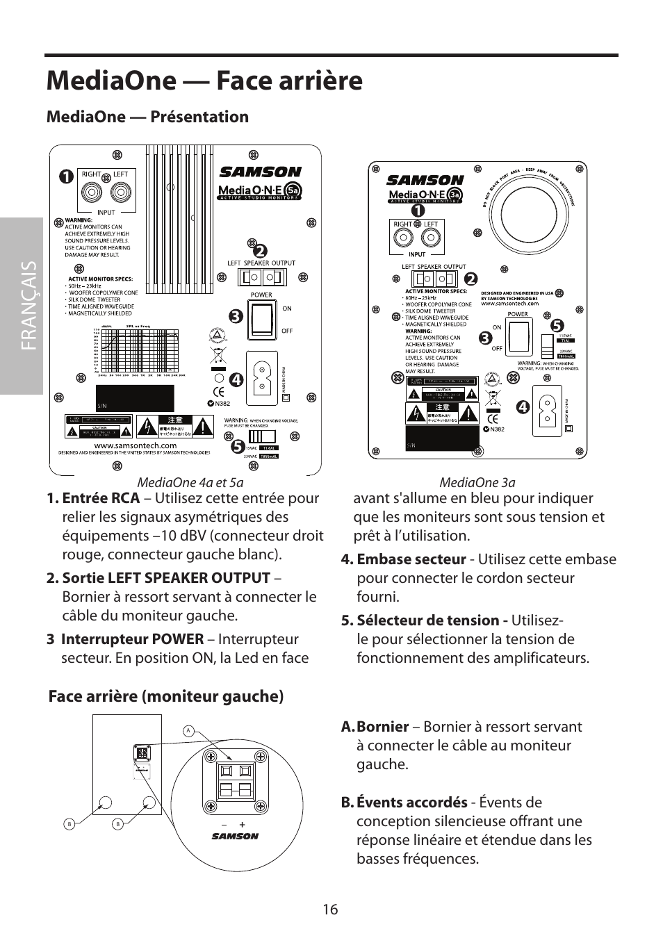 Mediaone — face arrière, Fr anç ais | Samson MediaOne 3a User Manual | Page 22 / 72