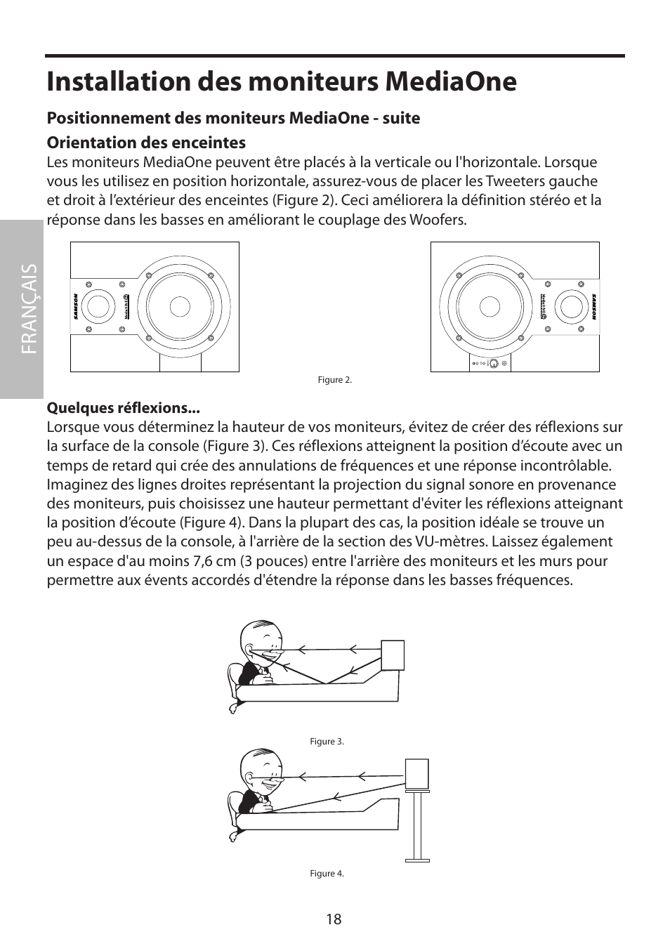 Installation des moniteurs mediaone, Fr anç ais, Orientation des enceintes | Positionnement des moniteurs mediaone - suite | Samson MediaOne 3a User Manual | Page 24 / 72